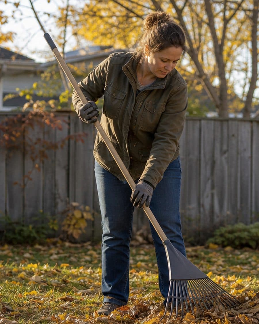A local helper raking fall leaves beside paper yard-waste bags