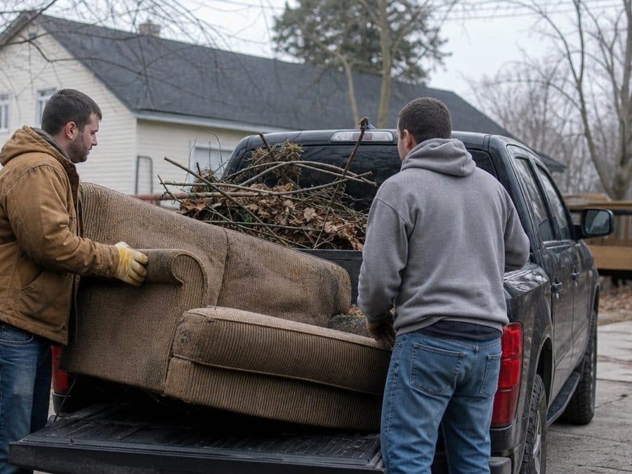 Two local helpers loading an old couch and branches into a pickup truck