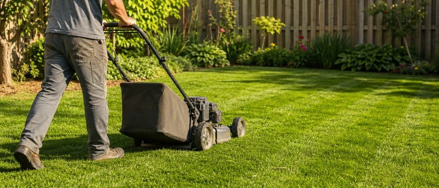 A local pro mowing a striped backyard lawn with a push mower