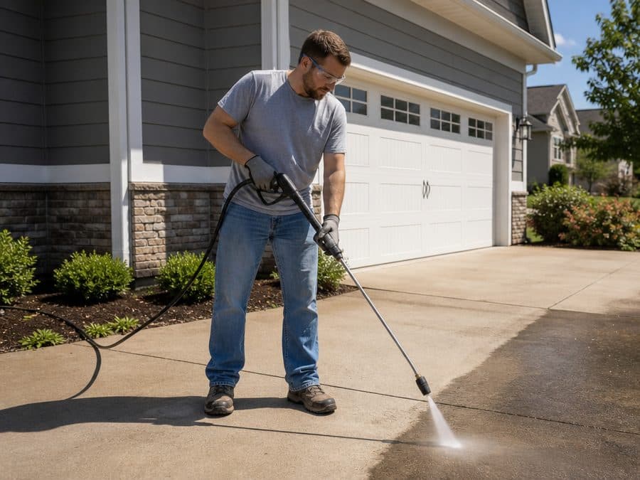 A local pro pressure washing a concrete driveway