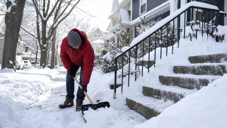 A local helper shoveling snow from a sidewalk and front steps