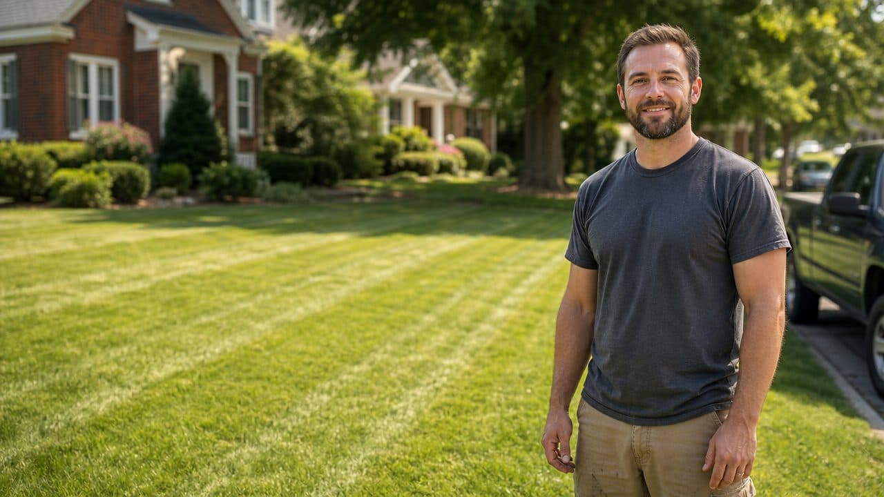 An independent lawn pro in everyday work clothes on a freshly mowed lawn